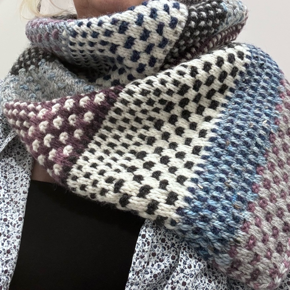 🧶 NWT hand crafted cowl neck warmer Blues greys burgundy creams O/S Peruvi…